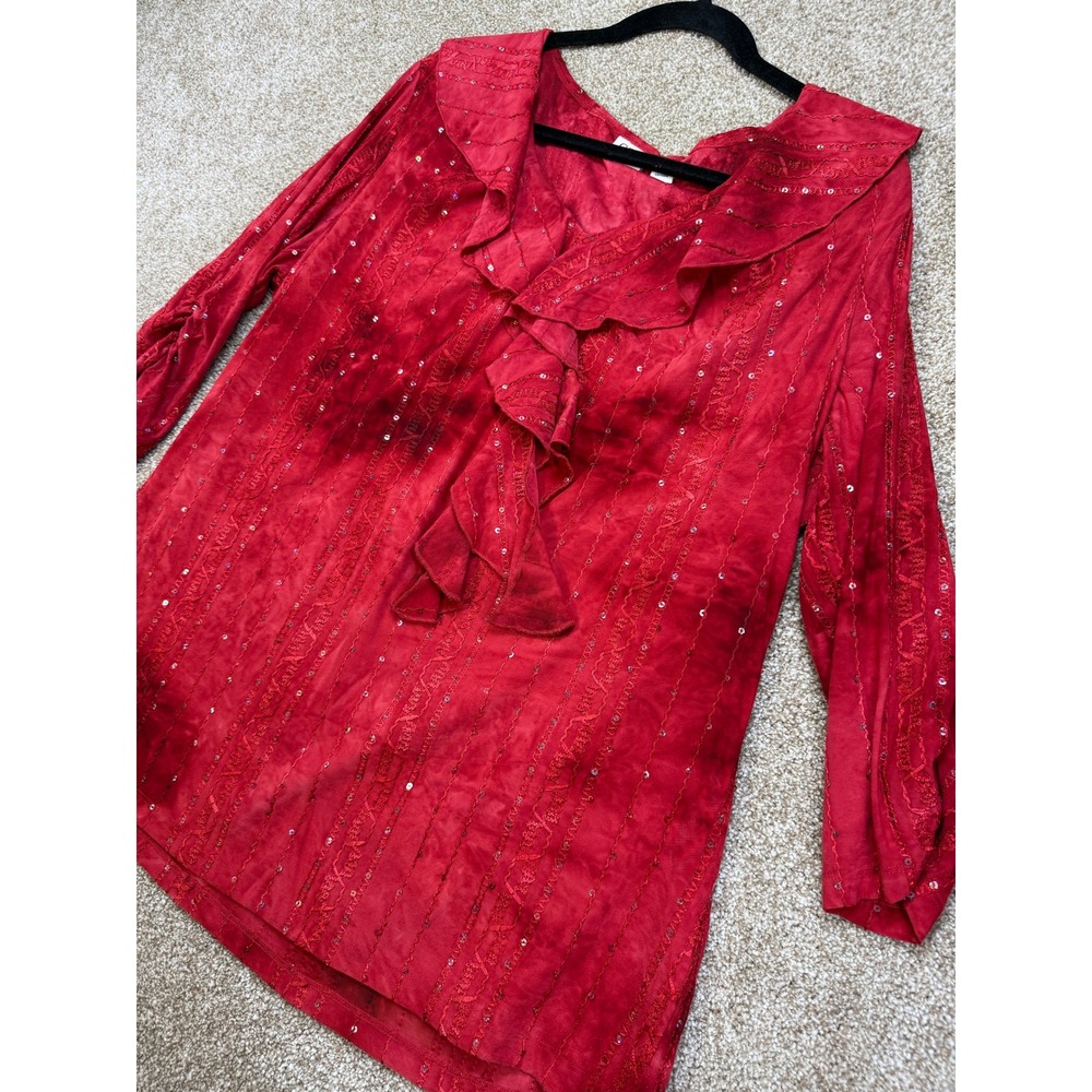 Cato Woman Red Tie Dye Sequin Embroidered‎ Ruffle V-Neck Blouse 14/16W VTG Boho